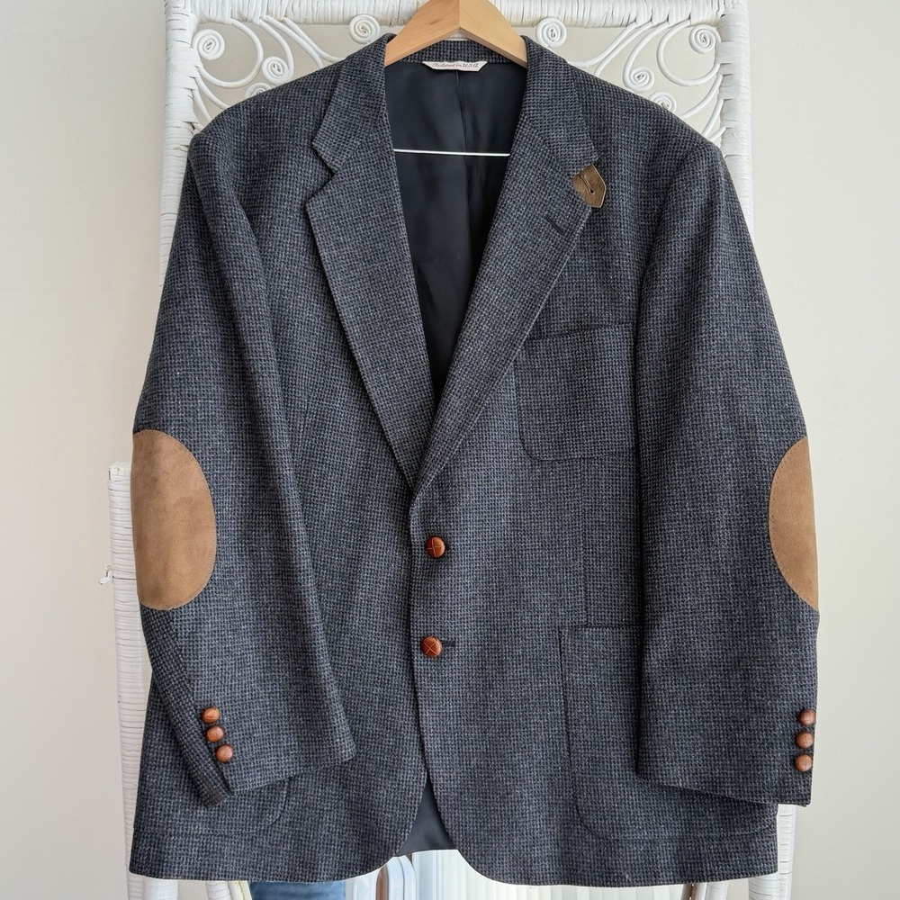 Vintage Stafford Sport Coat Mens 46R Gray Wool Tweed Elbow Patch Blazer USA Made
